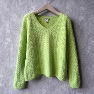 Talbots Cable Knit Angora Wool Blend Sweater, Size M Petite, Neon Green
